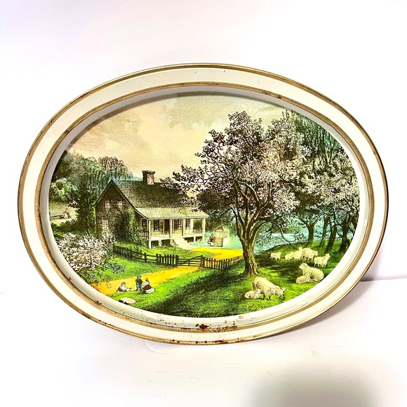 VINTAGE SUNSHINE BISCUITS TIN/PLATTER, "THE AMERICAN HOMESTEAD—Autumn & Spring" - Picture 1 of 10